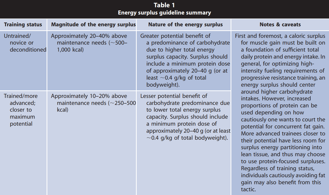 Energy surplus guideline summary